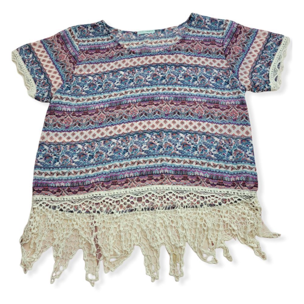Maurices print blouse with fringe hem L